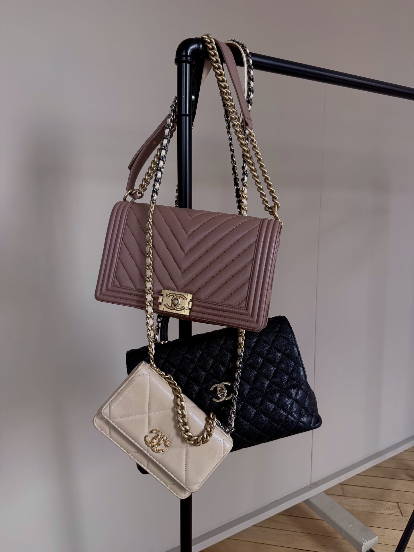 Chanel Lambskin Chevron Quilted New Medium Boy Flap Dark Beige