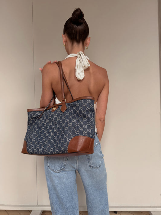 GUCCI New Denim GG Monogram Medium Ophidia Shopping Tote Blue