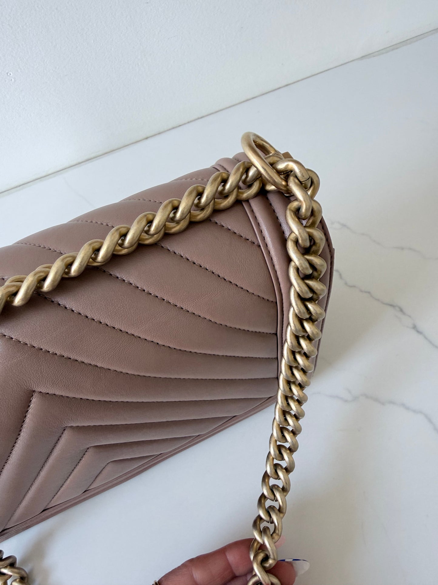 Chanel Lambskin Chevron Quilted New Medium Boy Flap Dark Beige