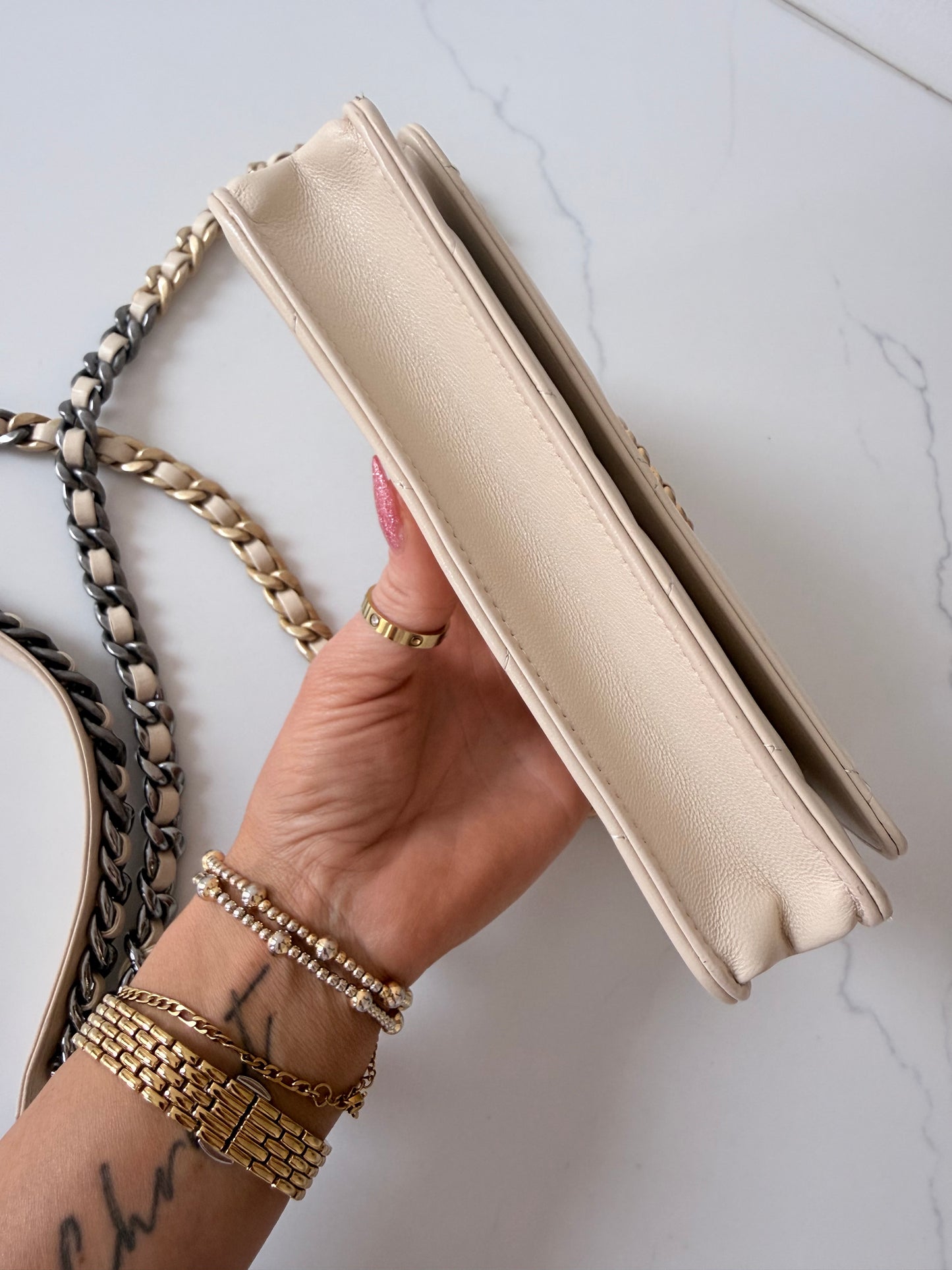 Quilted Chanel 19 Wallet On Chain Light Beige