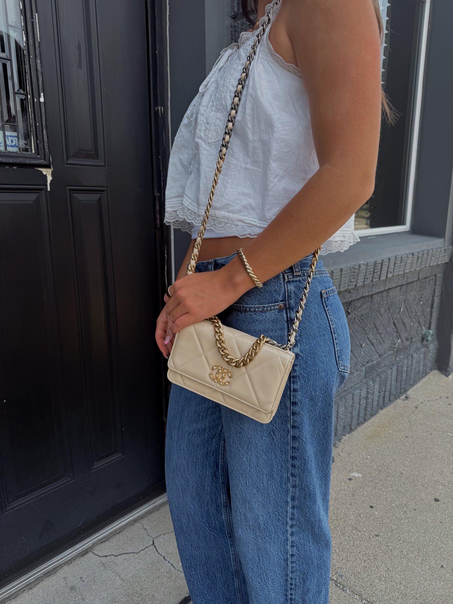 Quilted Chanel 19 Wallet On Chain Light Beige