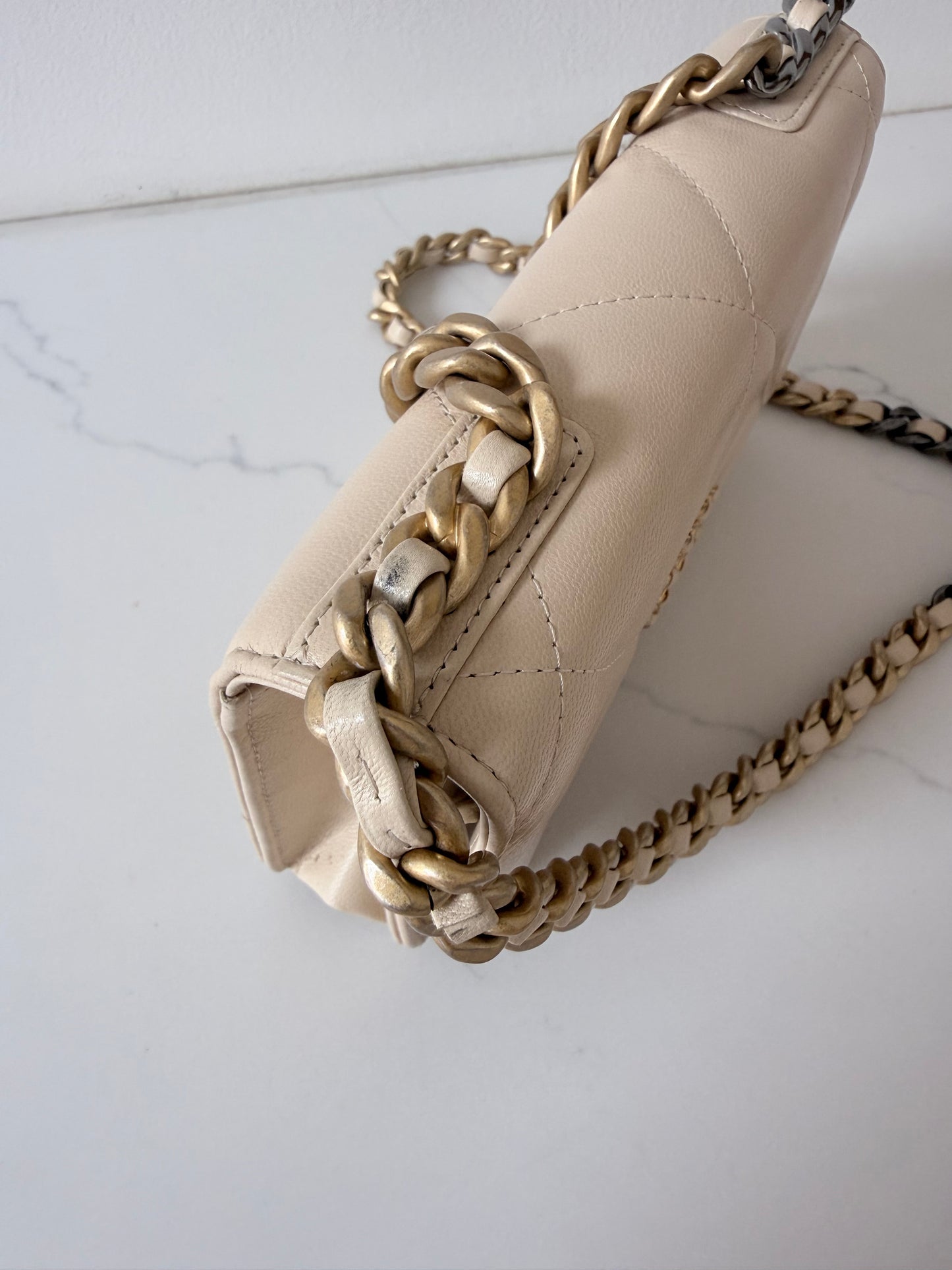 Quilted Chanel 19 Wallet On Chain Light Beige