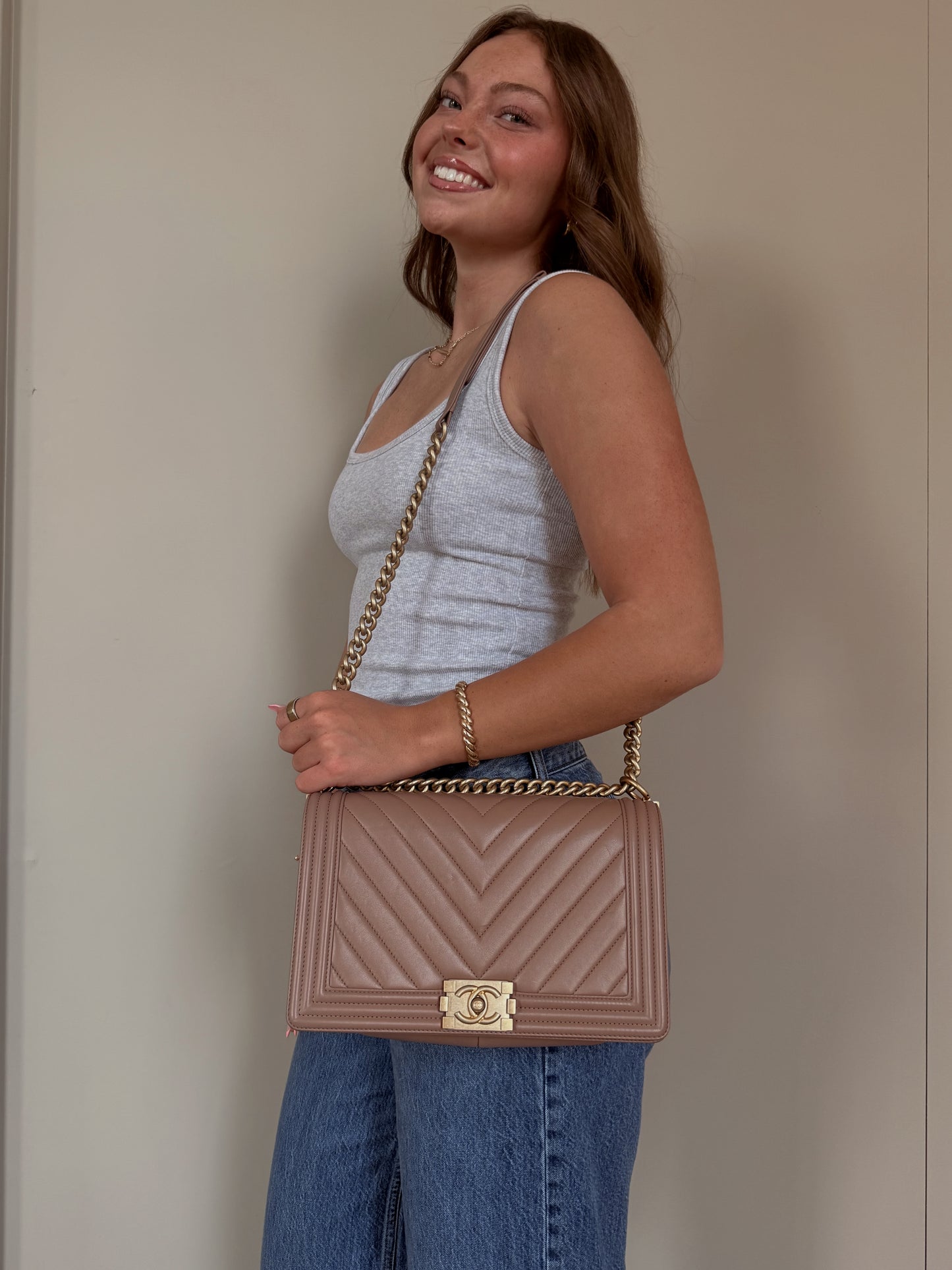 Chanel Lambskin Chevron Quilted New Medium Boy Flap Dark Beige