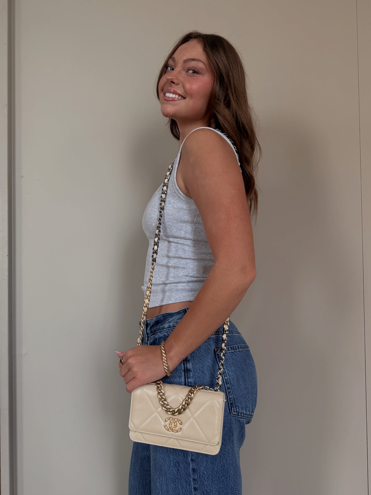 Quilted Chanel 19 Wallet On Chain Light Beige