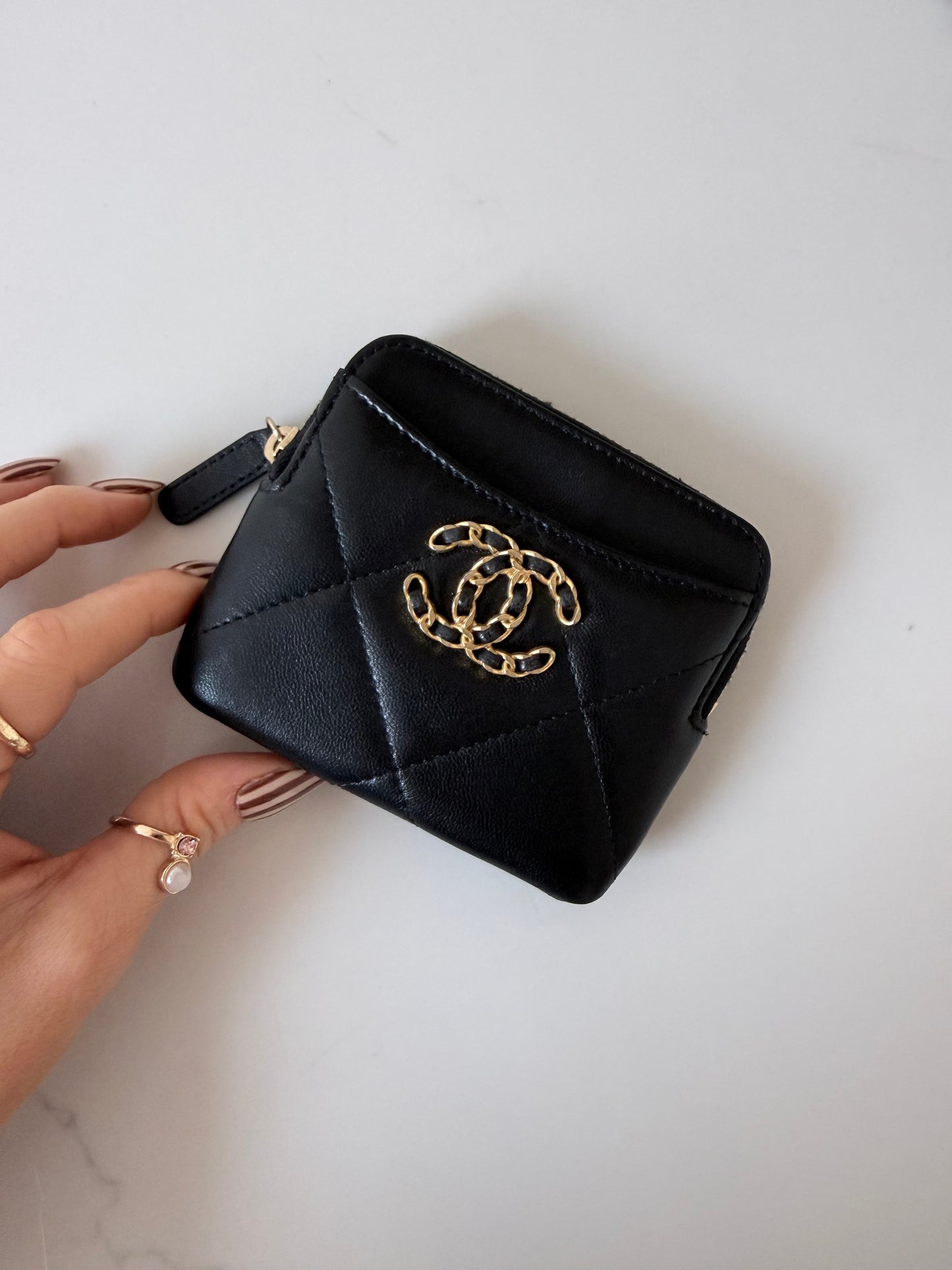 Lambskin Quilted Chanel 19 Zip Card Holder Wallet