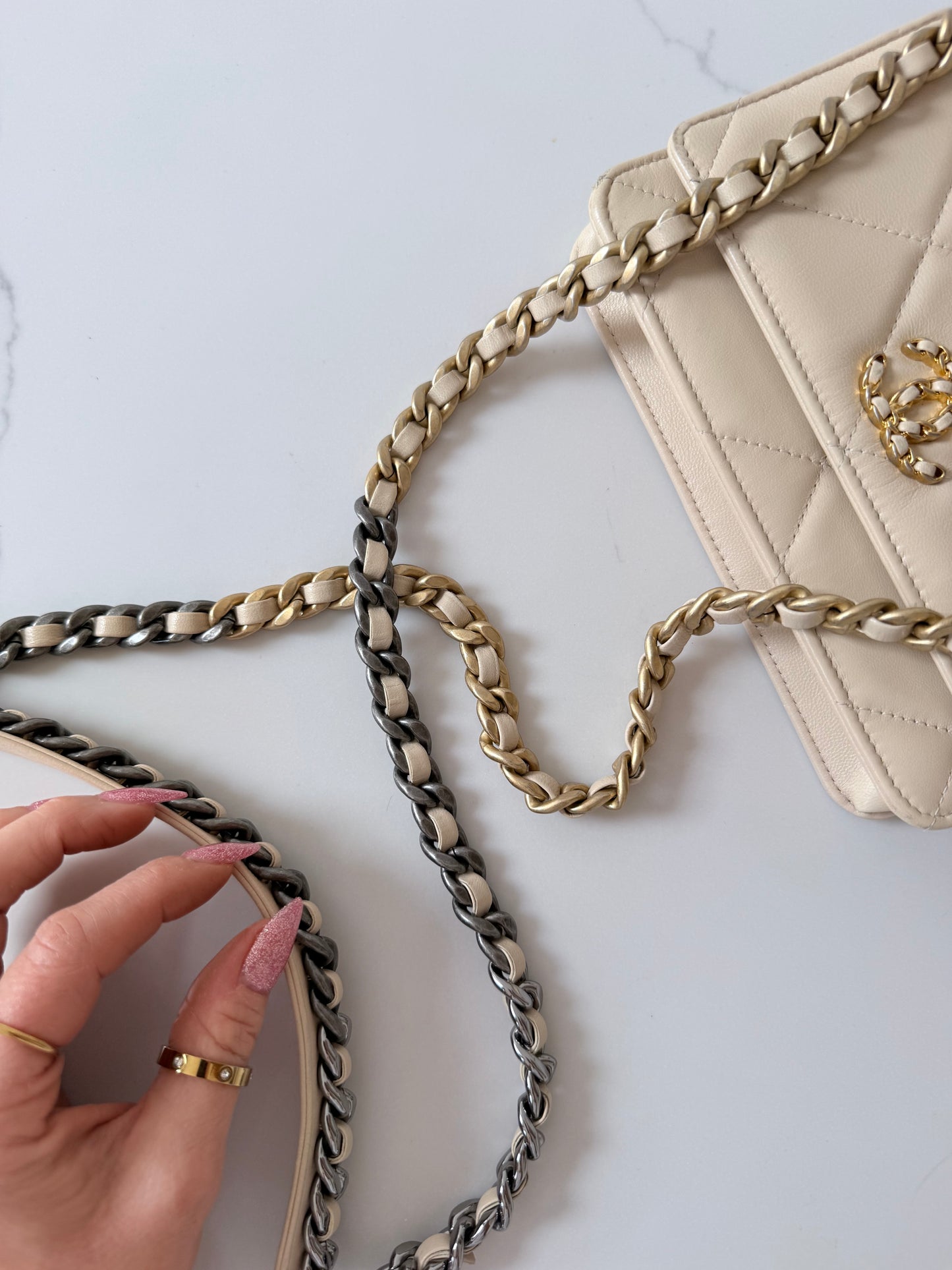Quilted Chanel 19 Wallet On Chain Light Beige