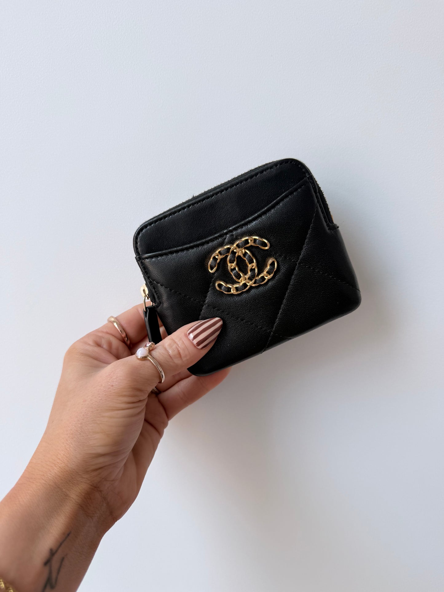 Lambskin Quilted Chanel 19 Zip Card Holder Wallet