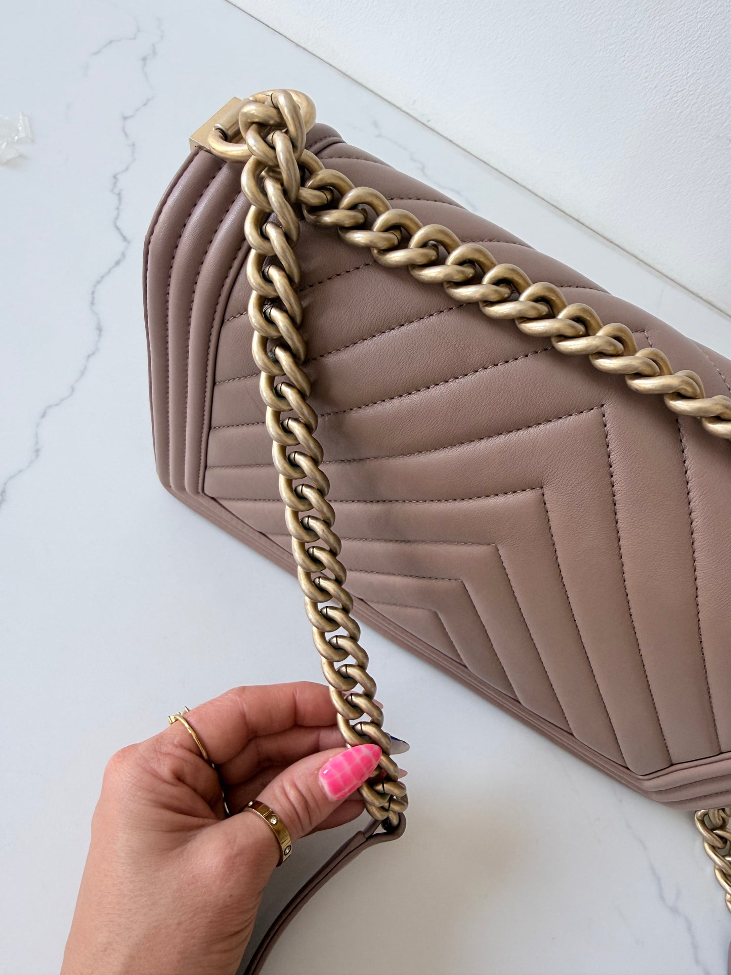 Chanel Lambskin Chevron Quilted New Medium Boy Flap Dark Beige