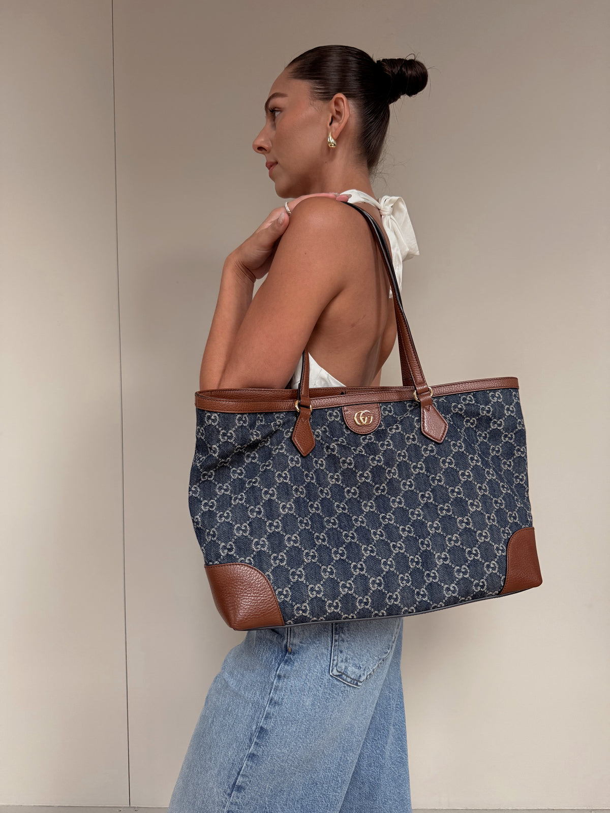 GUCCI New Denim GG Monogram Medium Ophidia Shopping Tote Blue