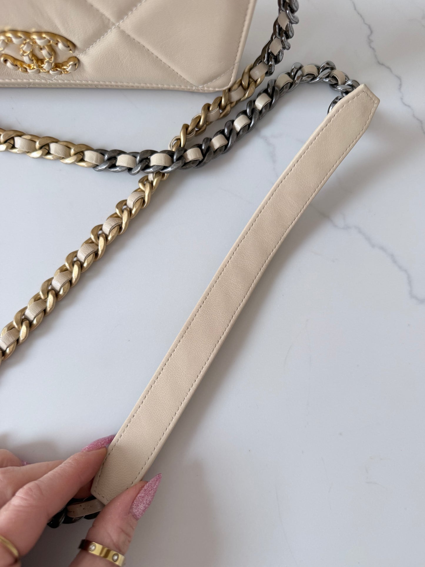 Quilted Chanel 19 Wallet On Chain Light Beige