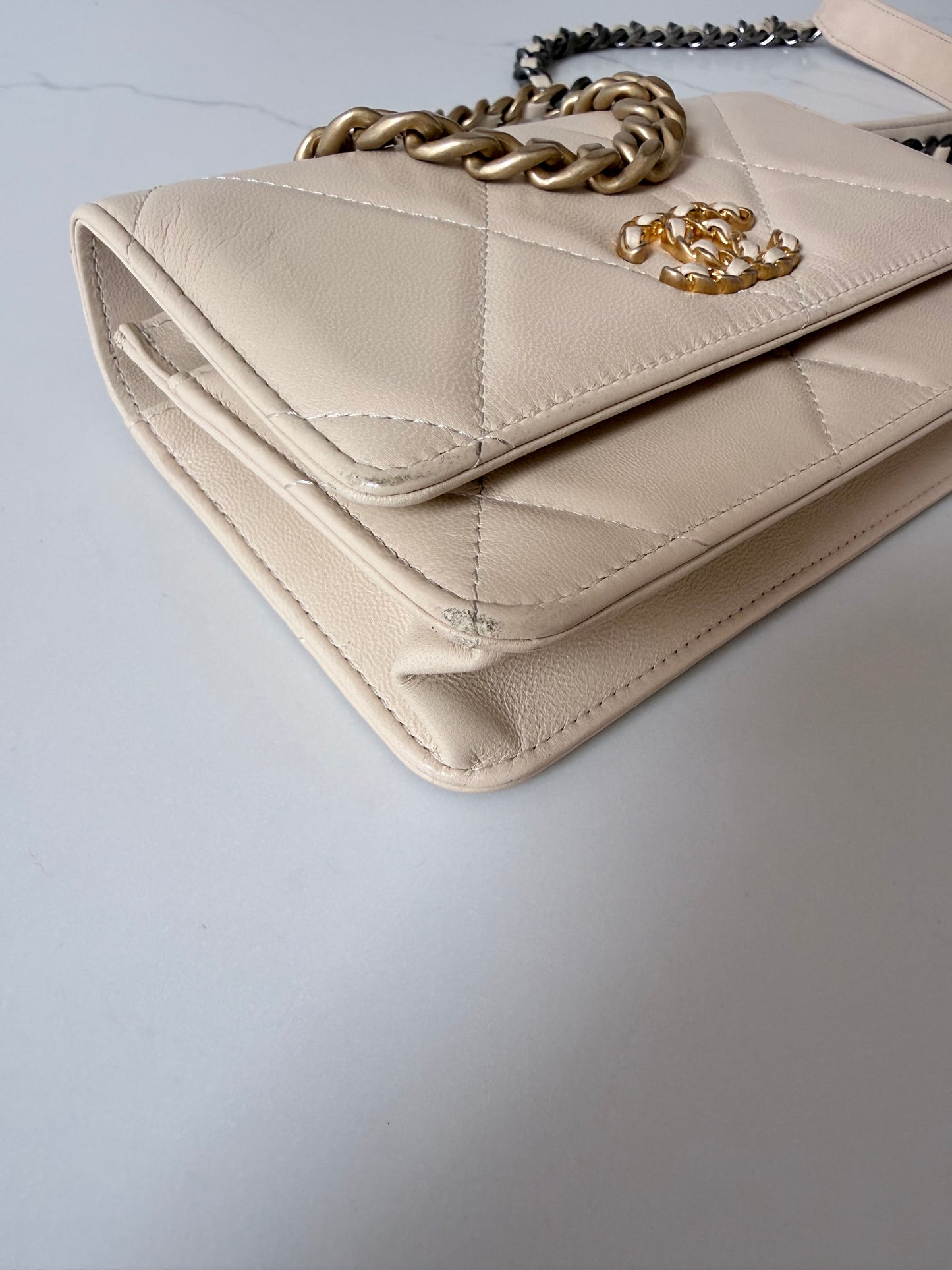 Quilted Chanel 19 Wallet On Chain Light Beige