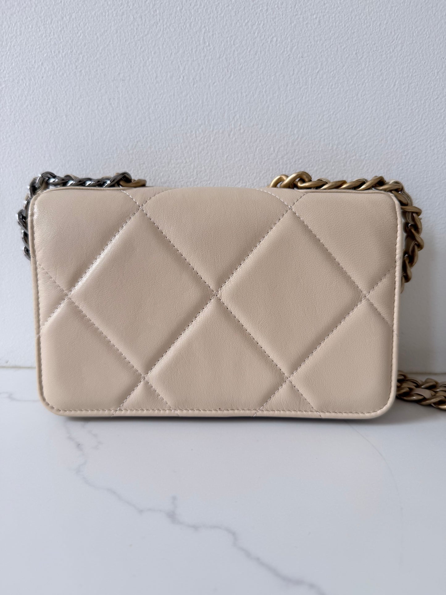 Quilted Chanel 19 Wallet On Chain Light Beige