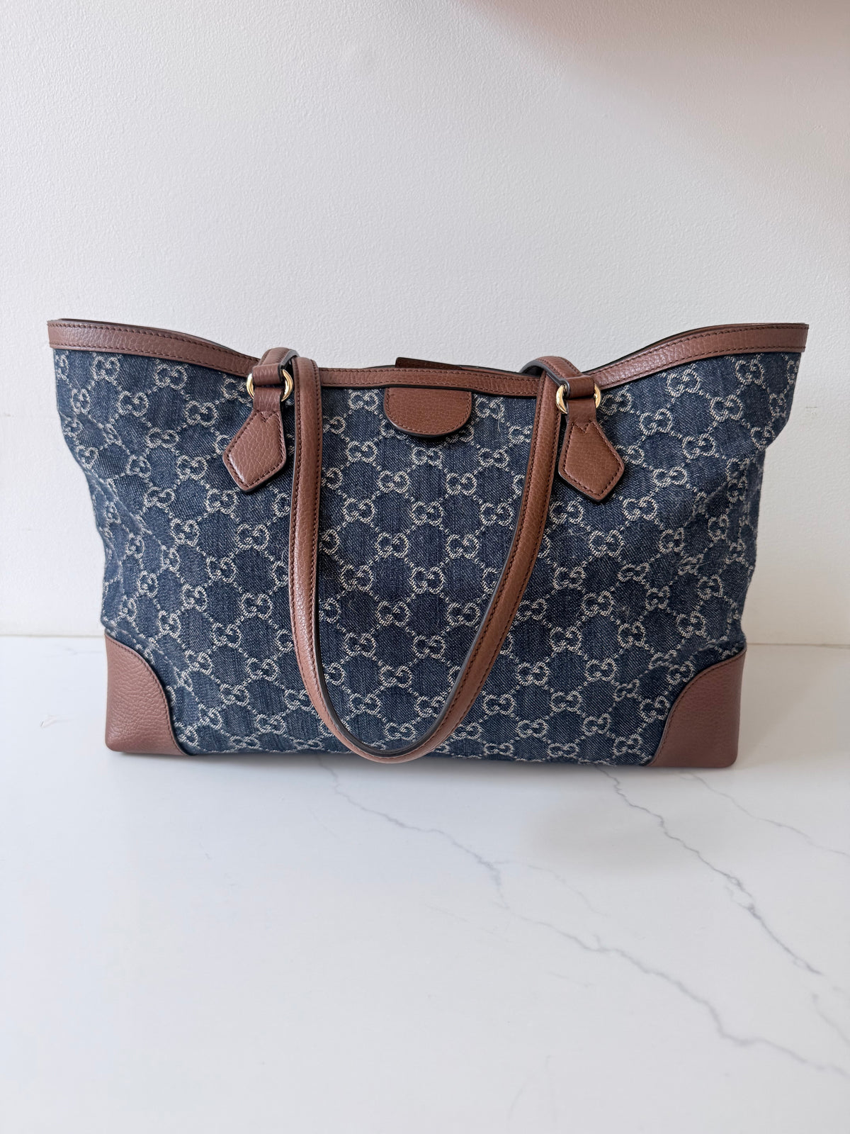 GUCCI New Denim GG Monogram Medium Ophidia Shopping Tote Blue