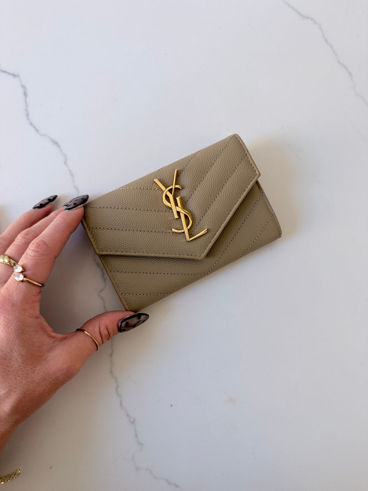 YSL Cassandra Matelasse Small Envelope Wallet Dark Beige