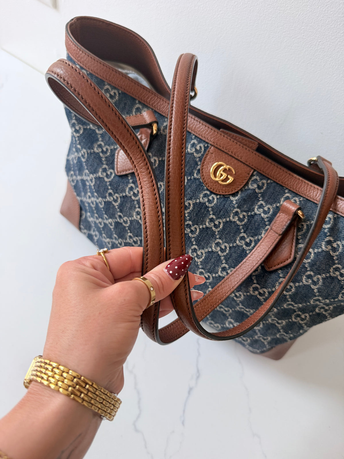 GUCCI New Denim GG Monogram Medium Ophidia Shopping Tote Blue