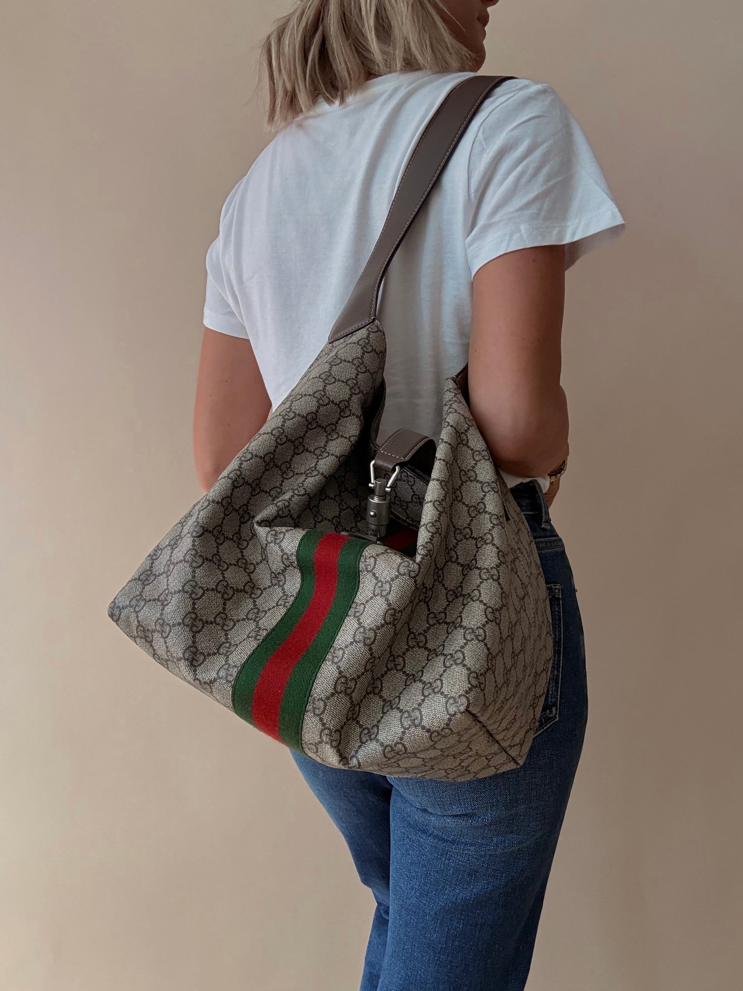 Gucci GG Supreme Web Stripe Jackie Hobo Shoulder Bag