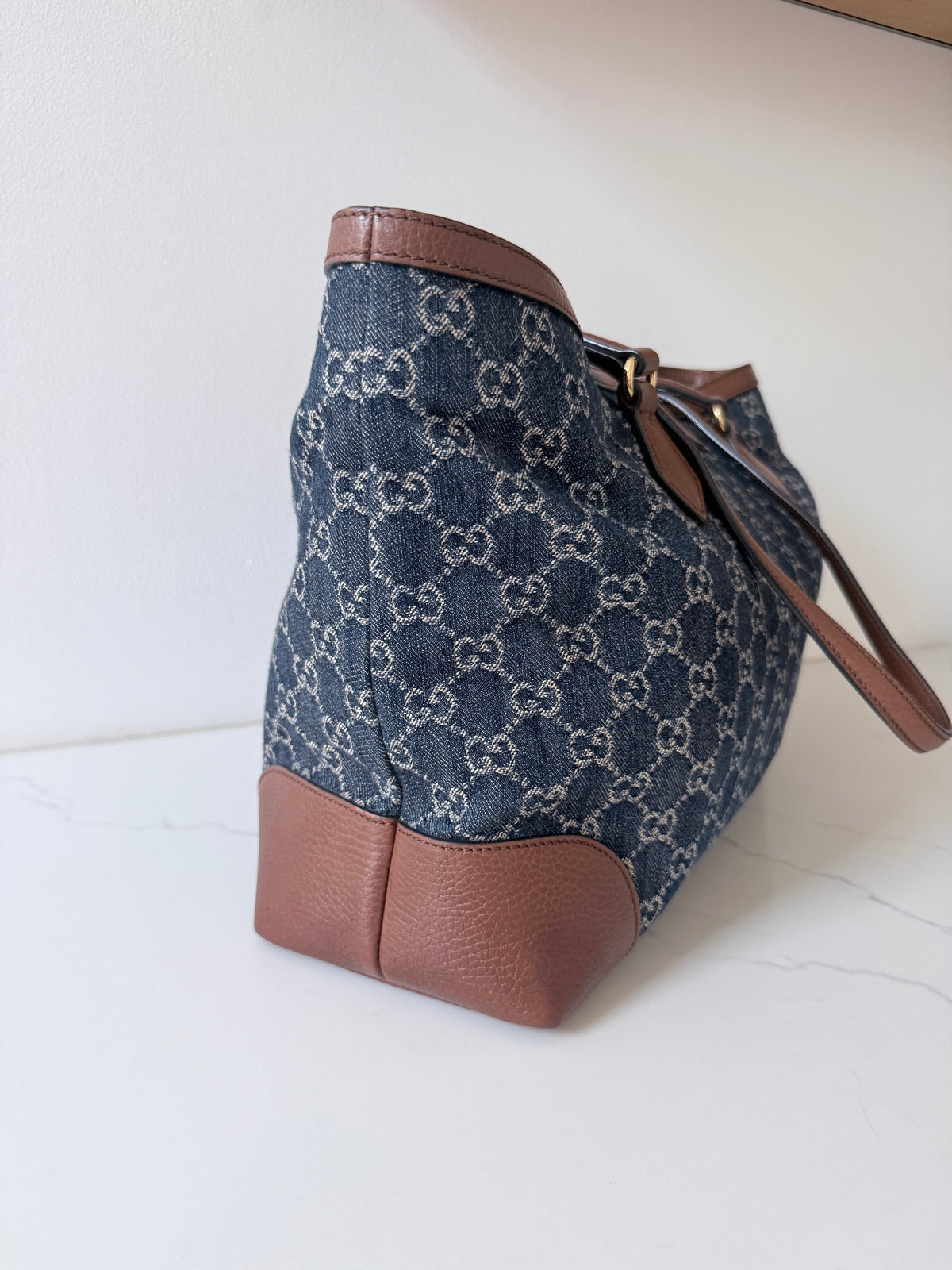 GUCCI New Denim GG Monogram Medium Ophidia Shopping Tote Blue