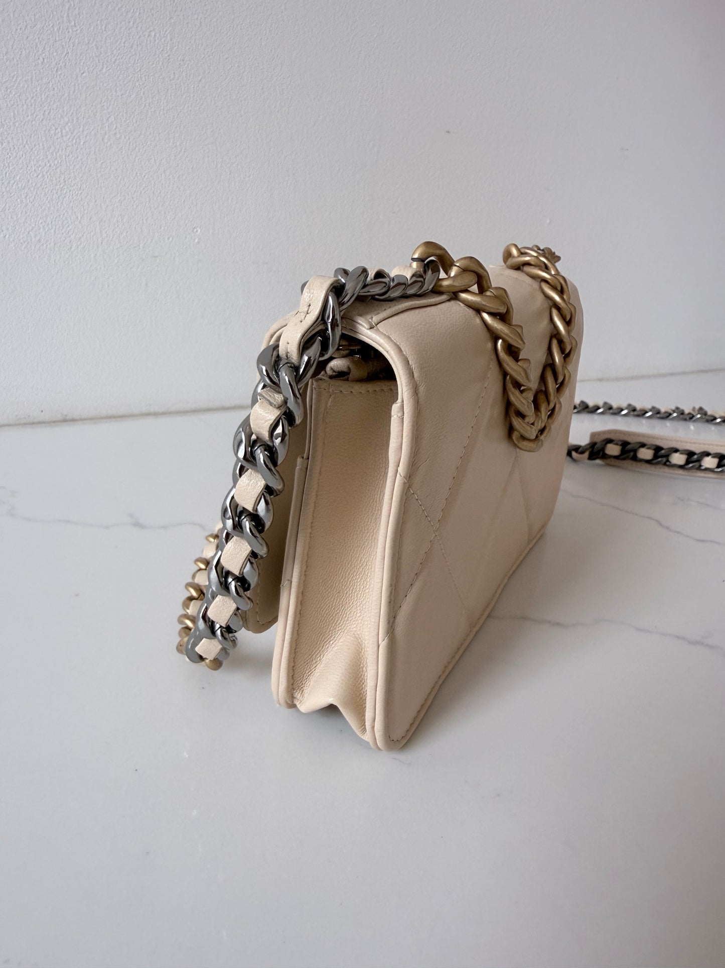 Quilted Chanel 19 Wallet On Chain Light Beige