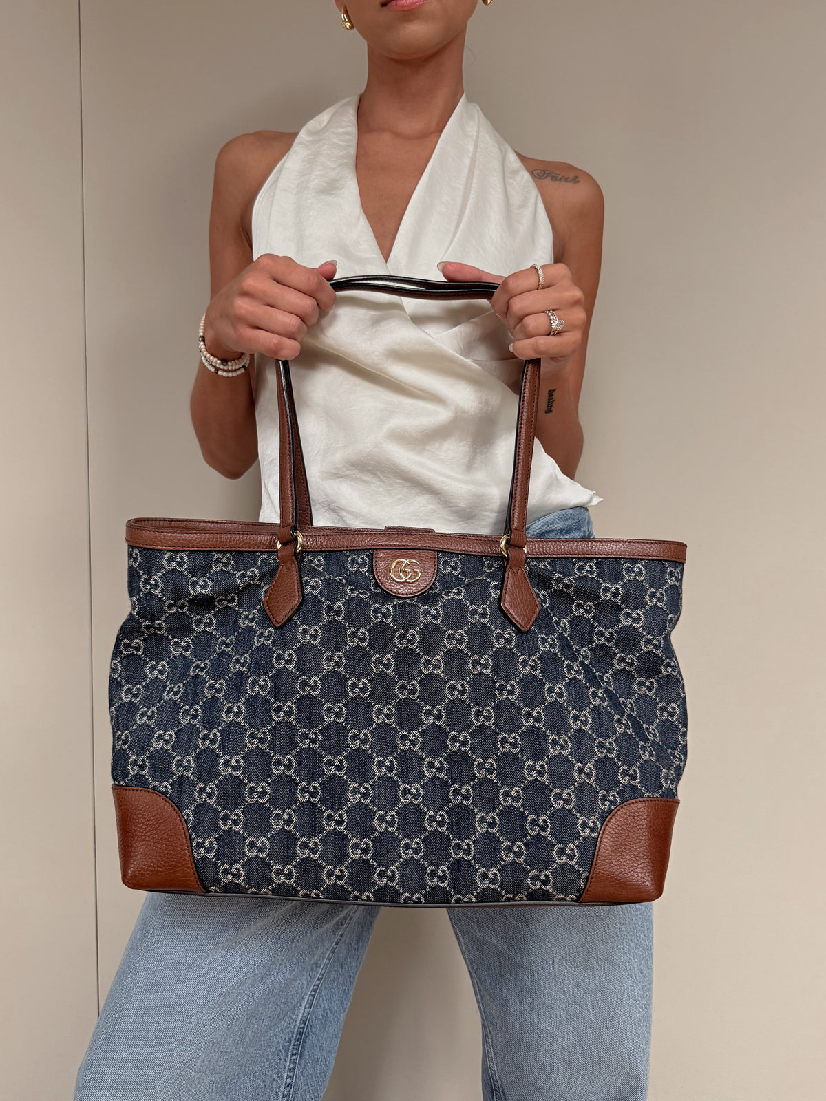 GUCCI New Denim GG Monogram Medium Ophidia Shopping Tote Blue