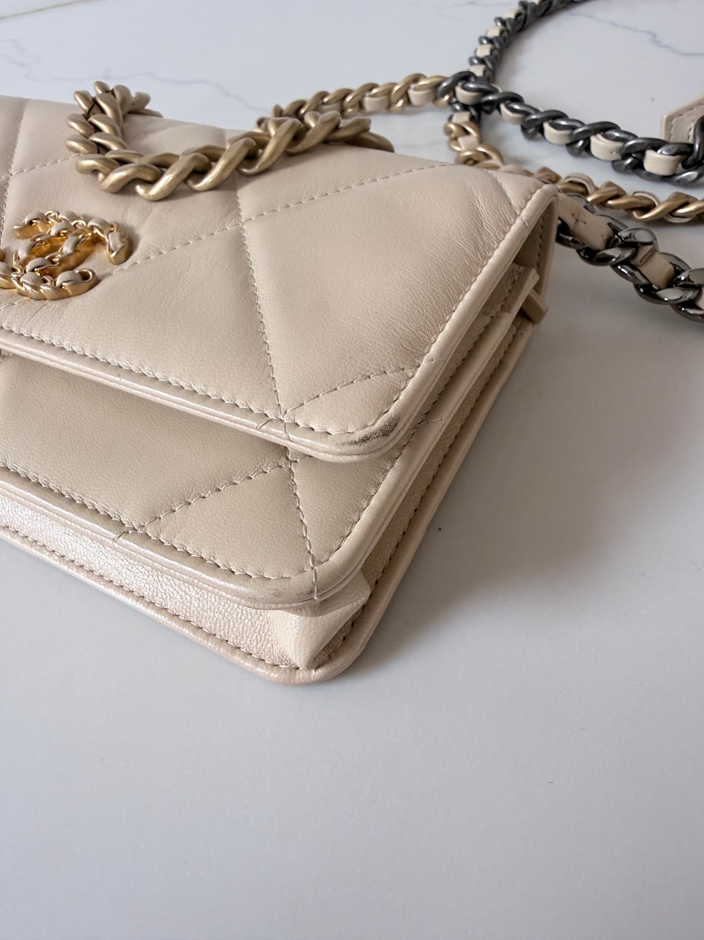 Quilted Chanel 19 Wallet On Chain Light Beige