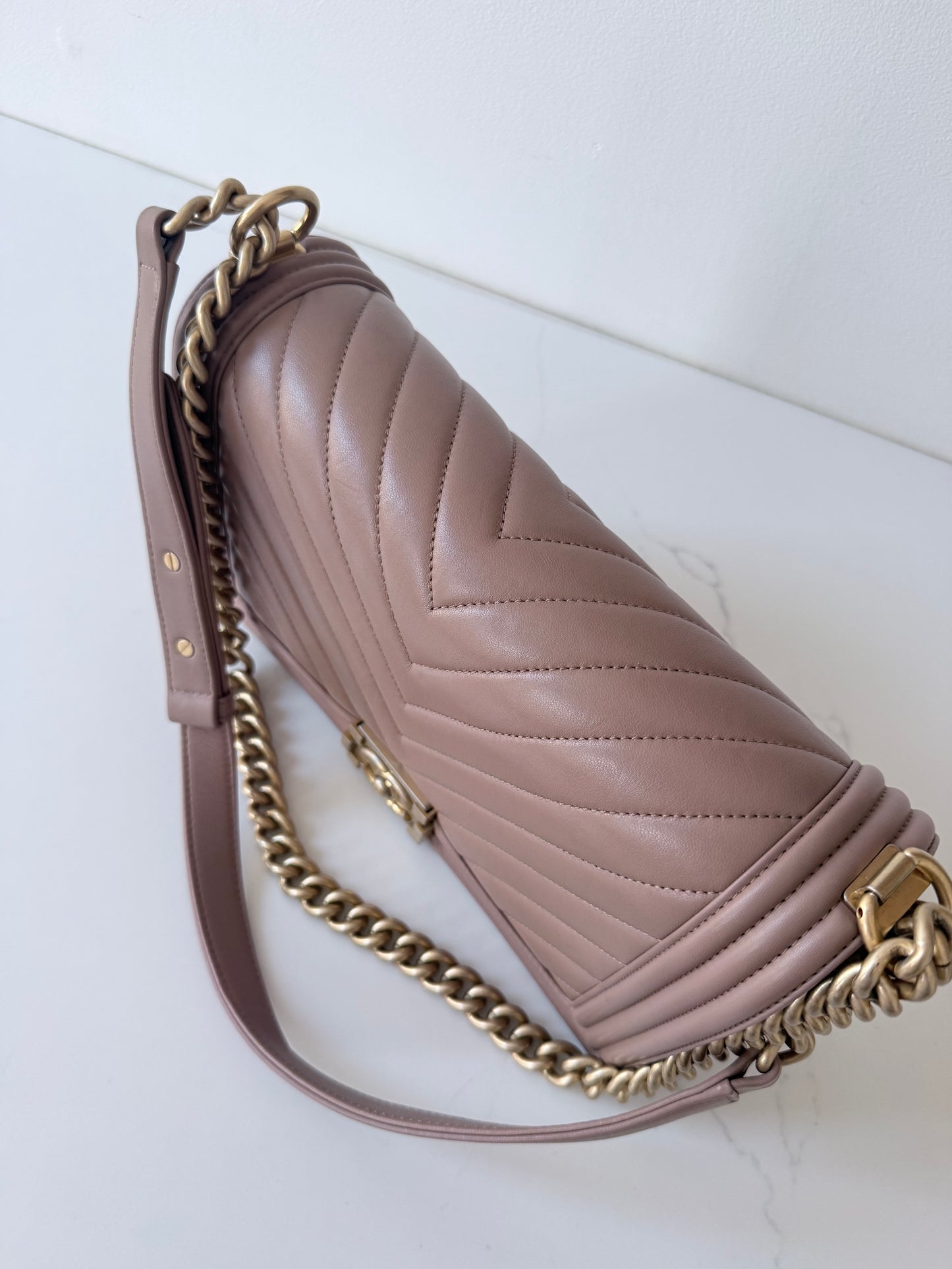 Chanel Lambskin Chevron Quilted New Medium Boy Flap Dark Beige