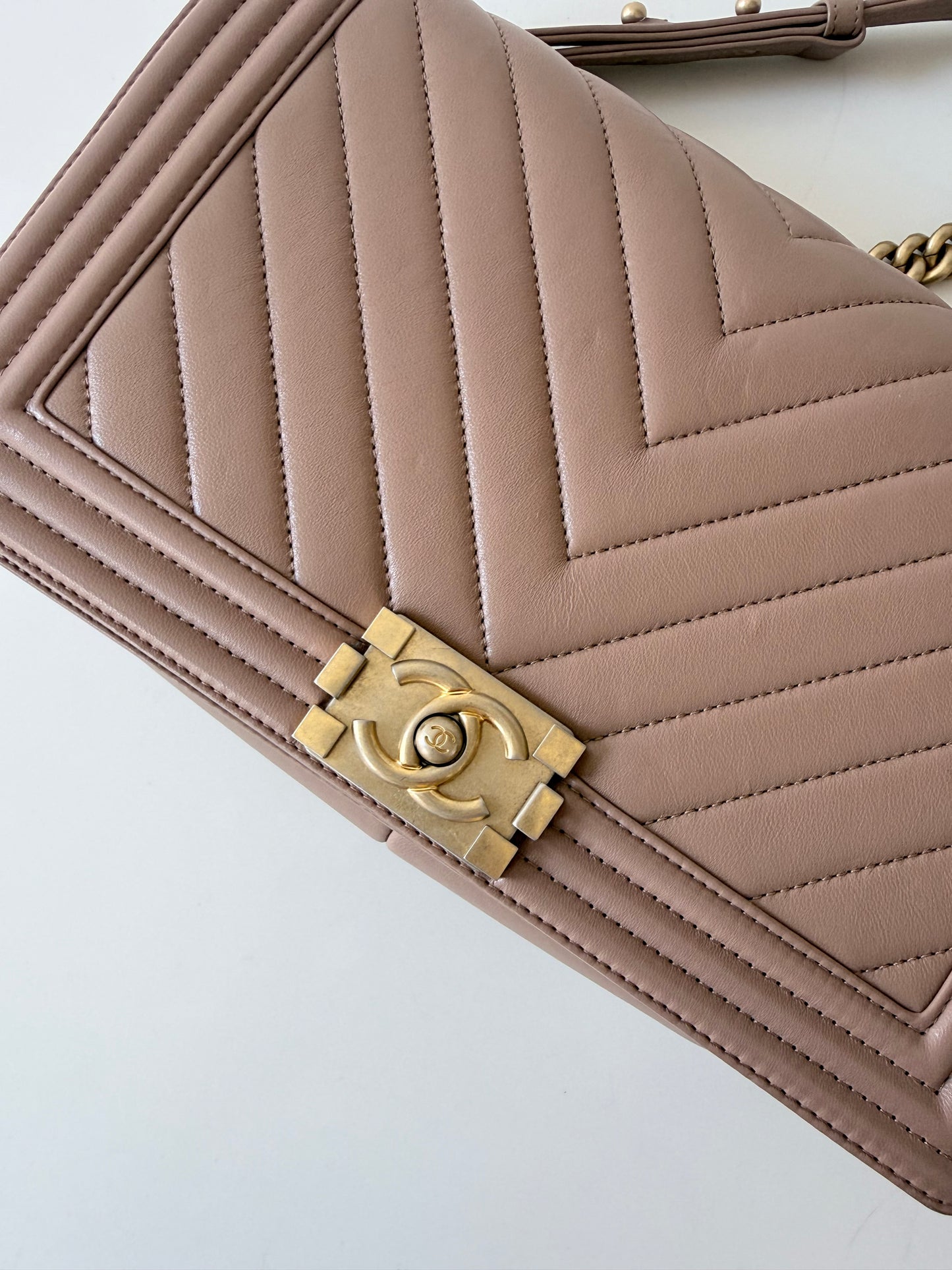 Chanel Lambskin Chevron Quilted New Medium Boy Flap Dark Beige