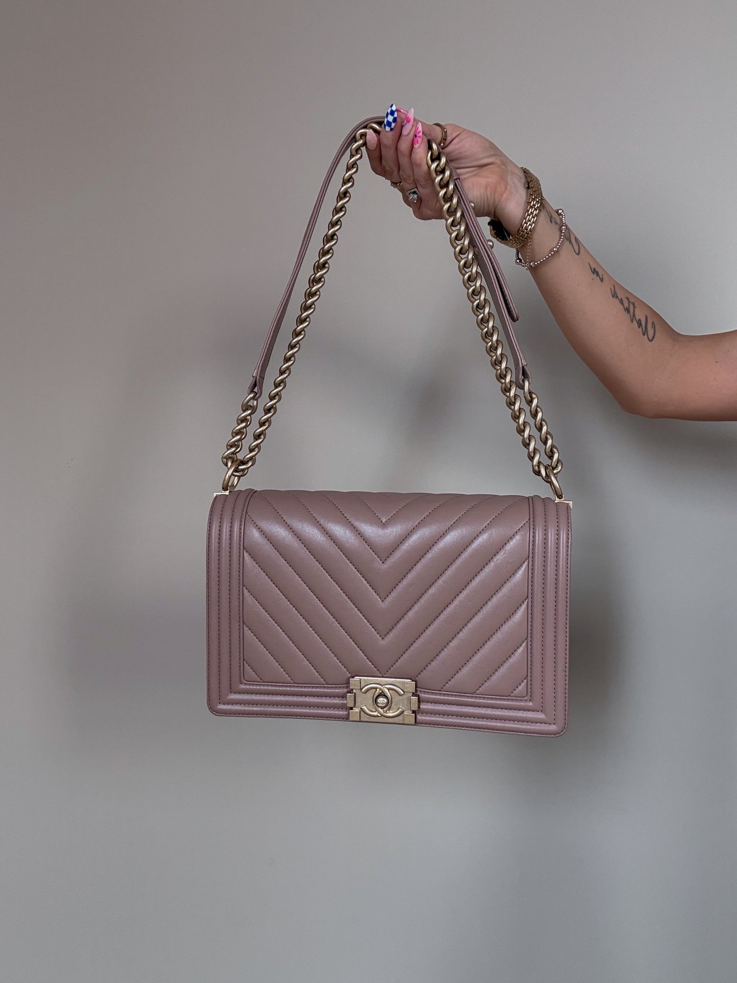 Chanel Lambskin Chevron Quilted New Medium Boy Flap Dark Beige