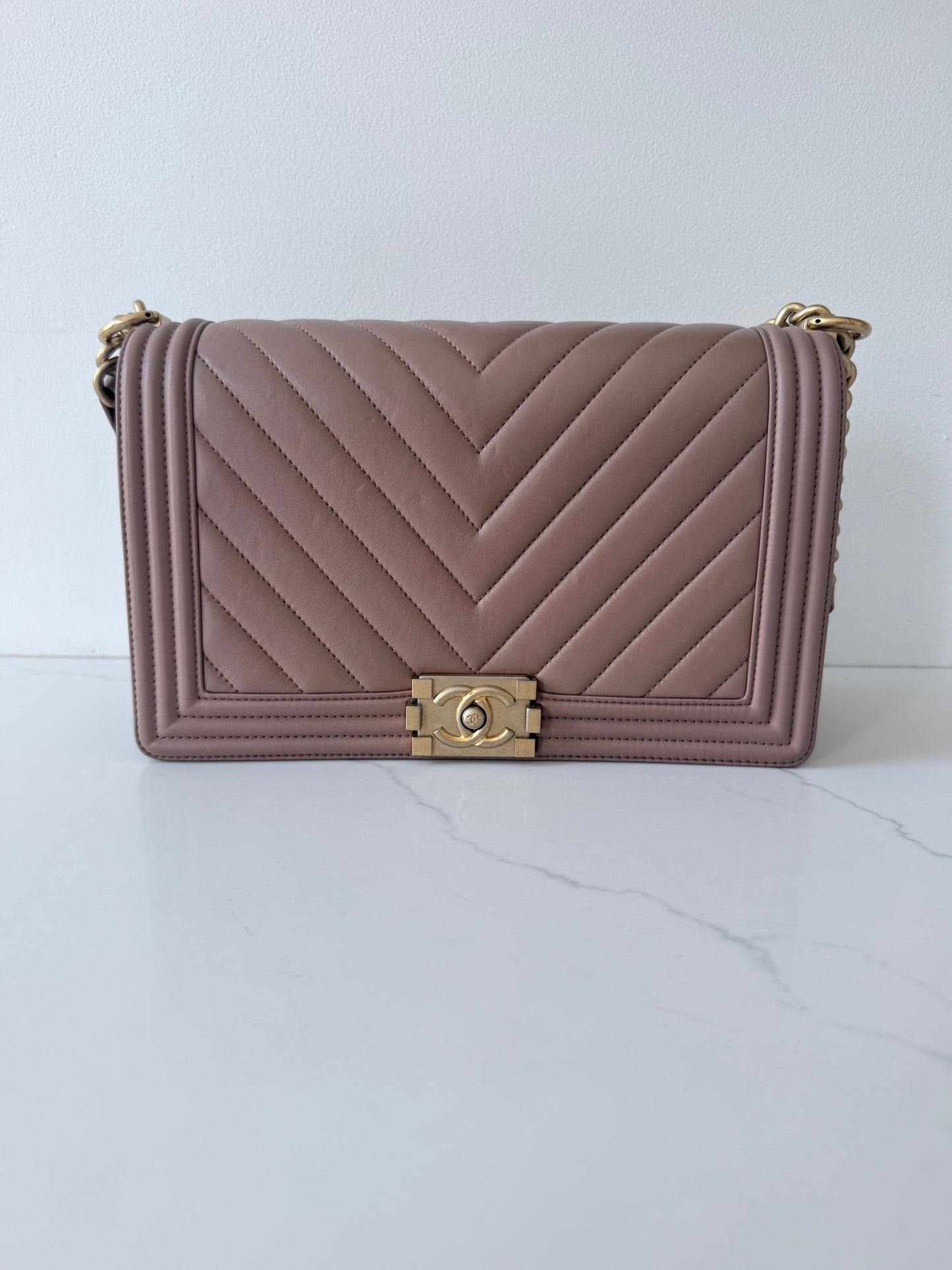 Chanel Lambskin Chevron Quilted New Medium Boy Flap Dark Beige