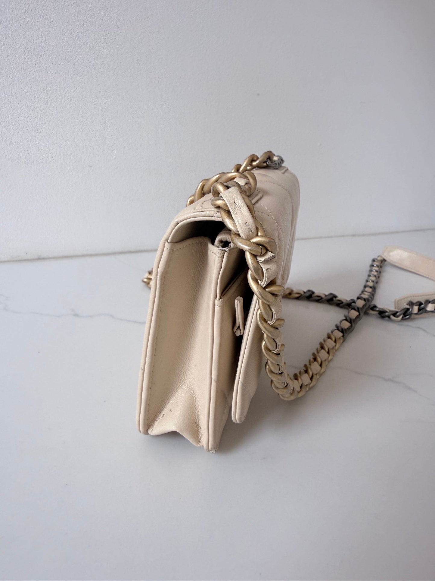 Quilted Chanel 19 Wallet On Chain Light Beige