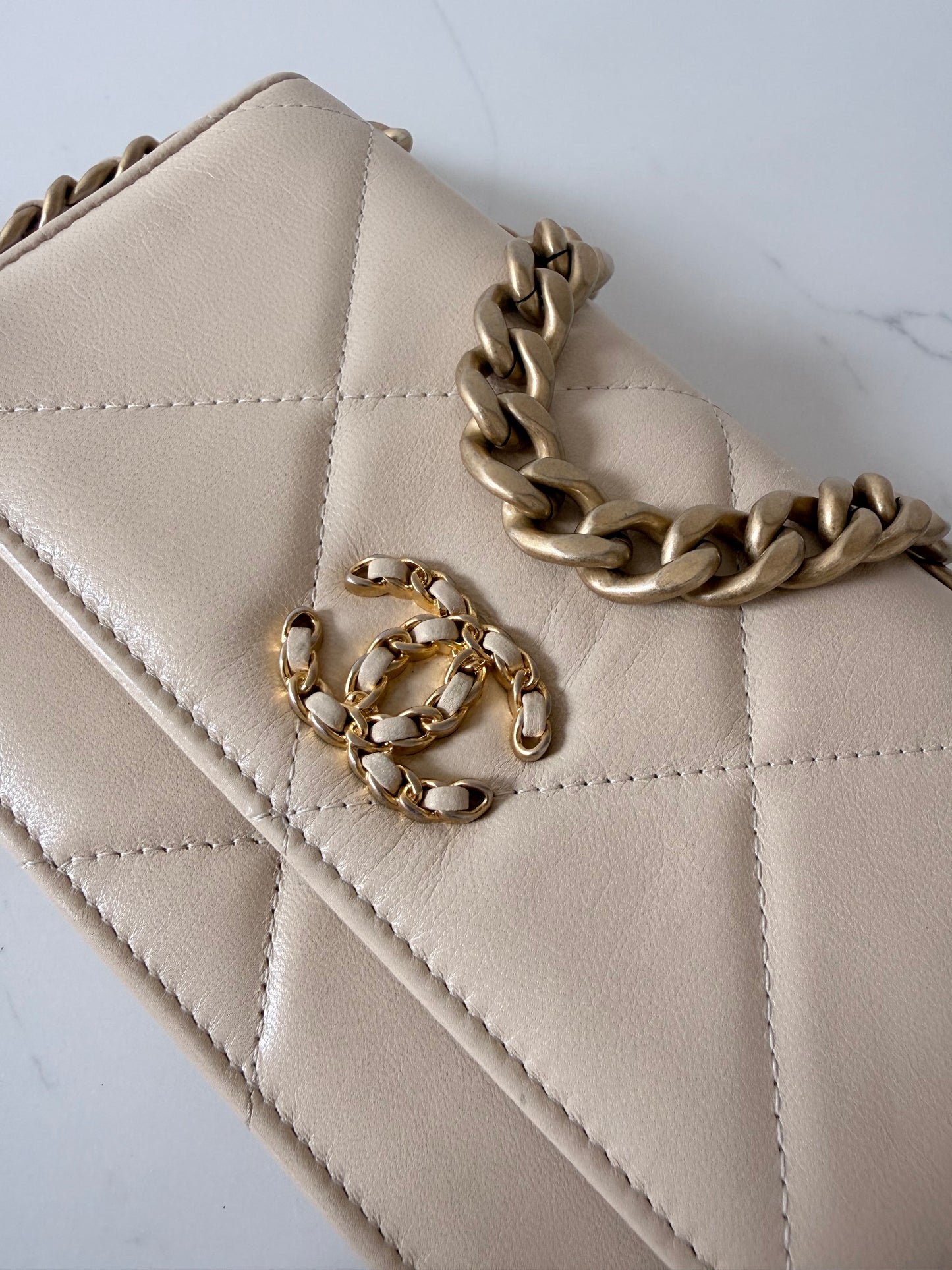 Quilted Chanel 19 Wallet On Chain Light Beige