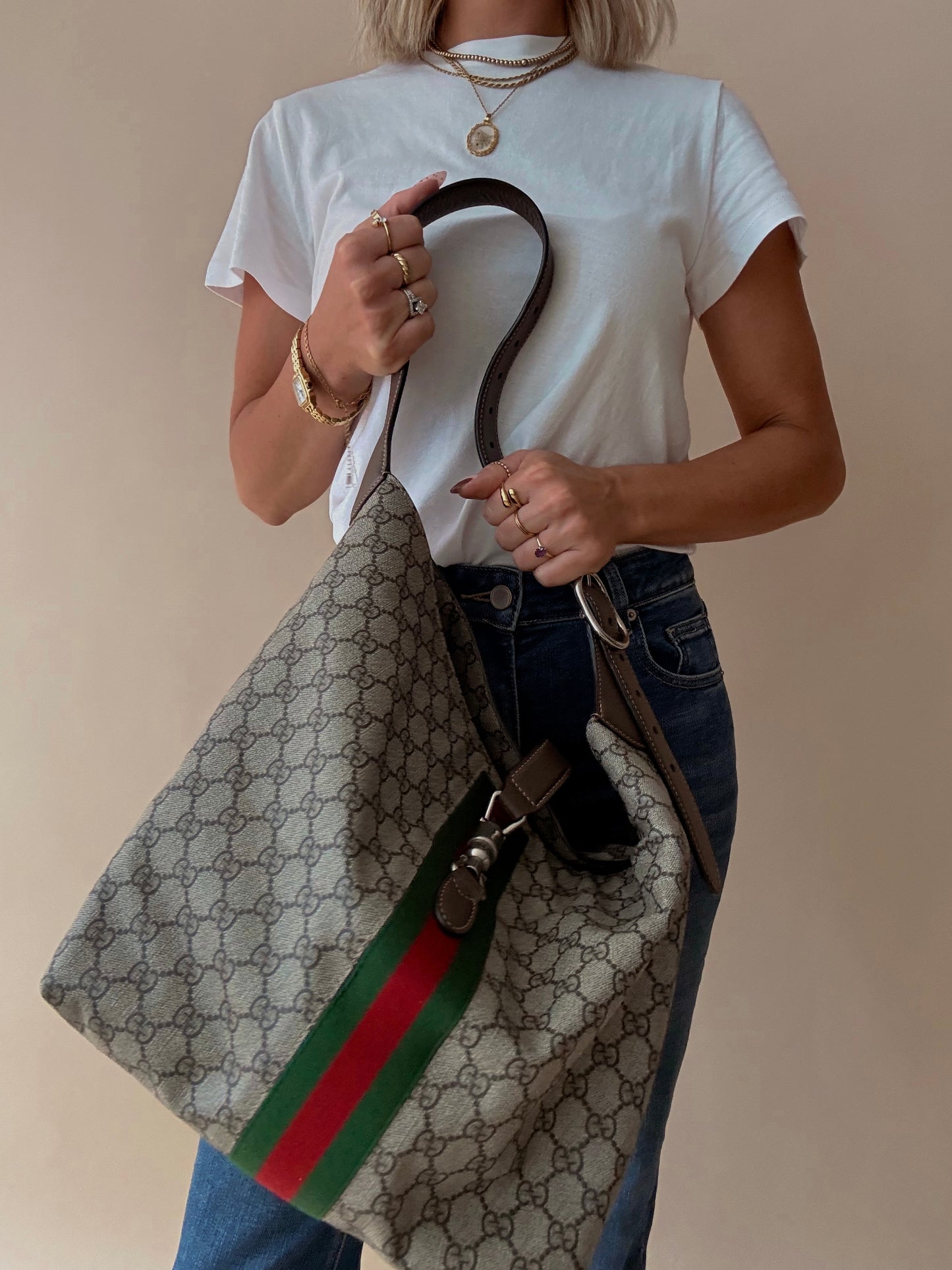 Gucci GG Supreme Web Stripe Jackie Hobo Shoulder Bag