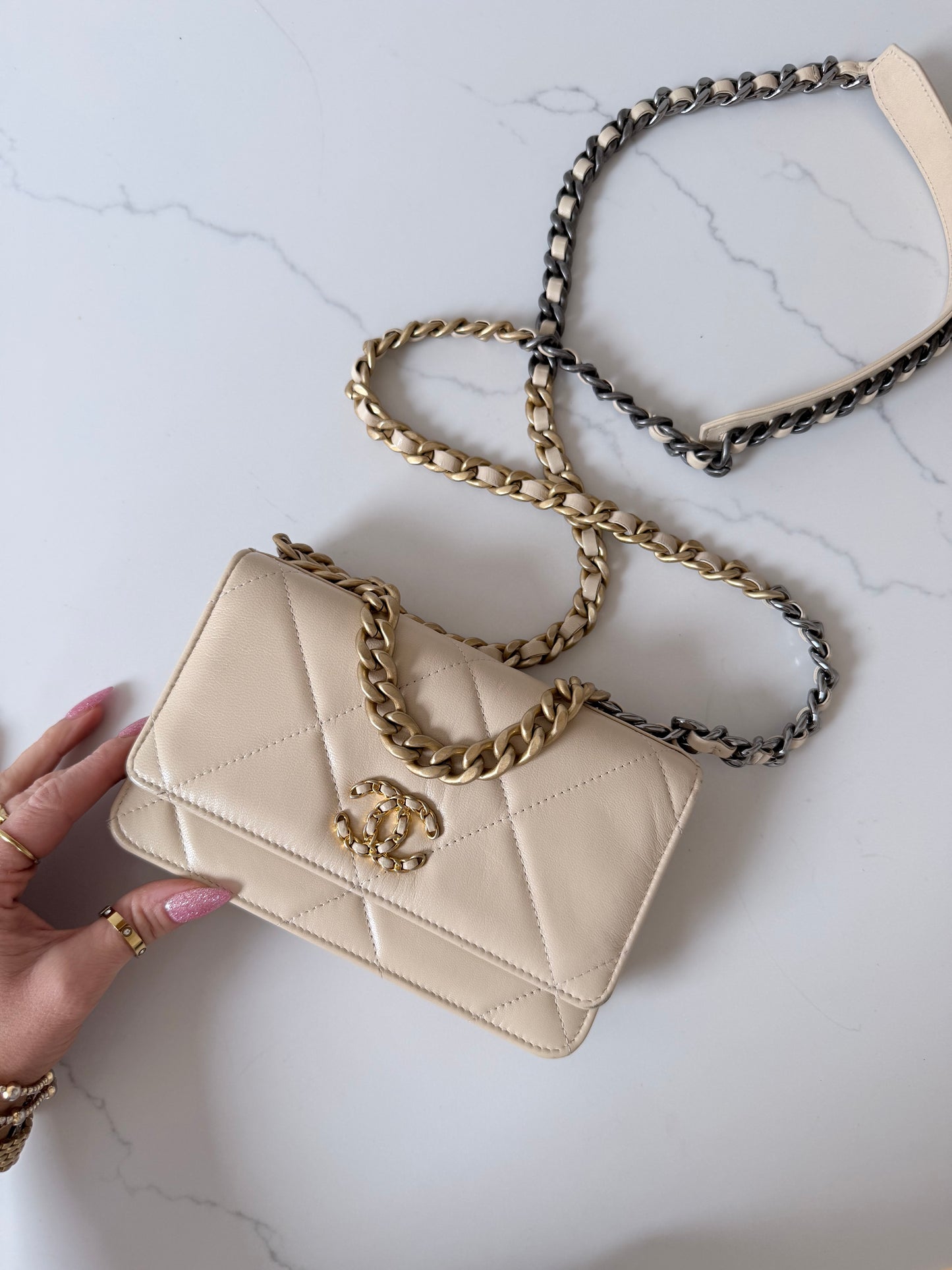Quilted Chanel 19 Wallet On Chain Light Beige