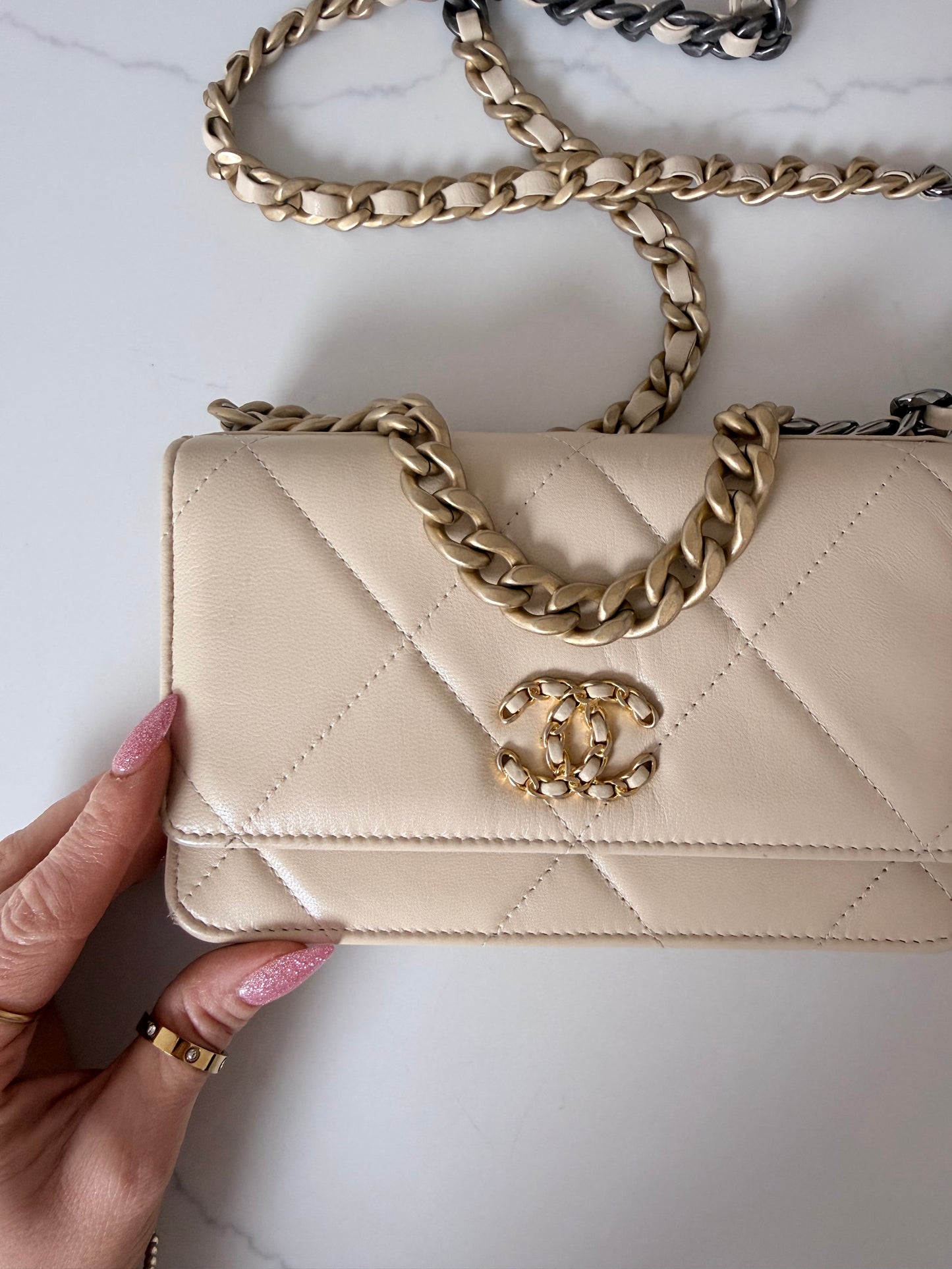 Quilted Chanel 19 Wallet On Chain Light Beige