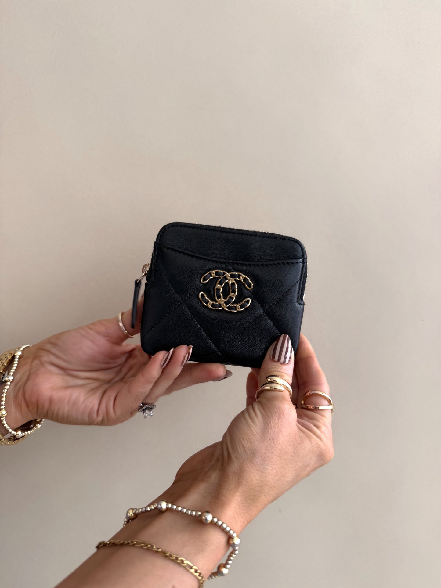 Lambskin Quilted Chanel 19 Zip Card Holder Wallet