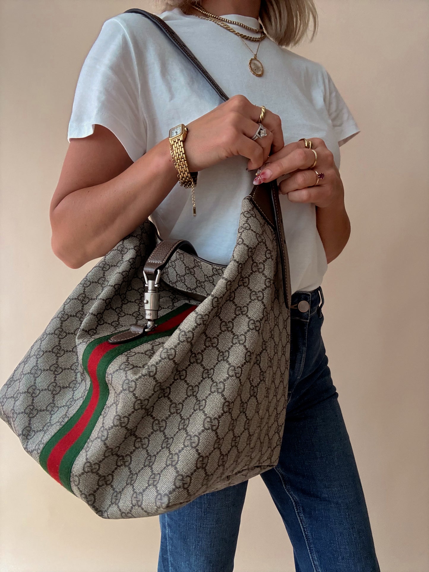 Gucci GG Supreme Web Stripe Jackie Hobo Shoulder Bag