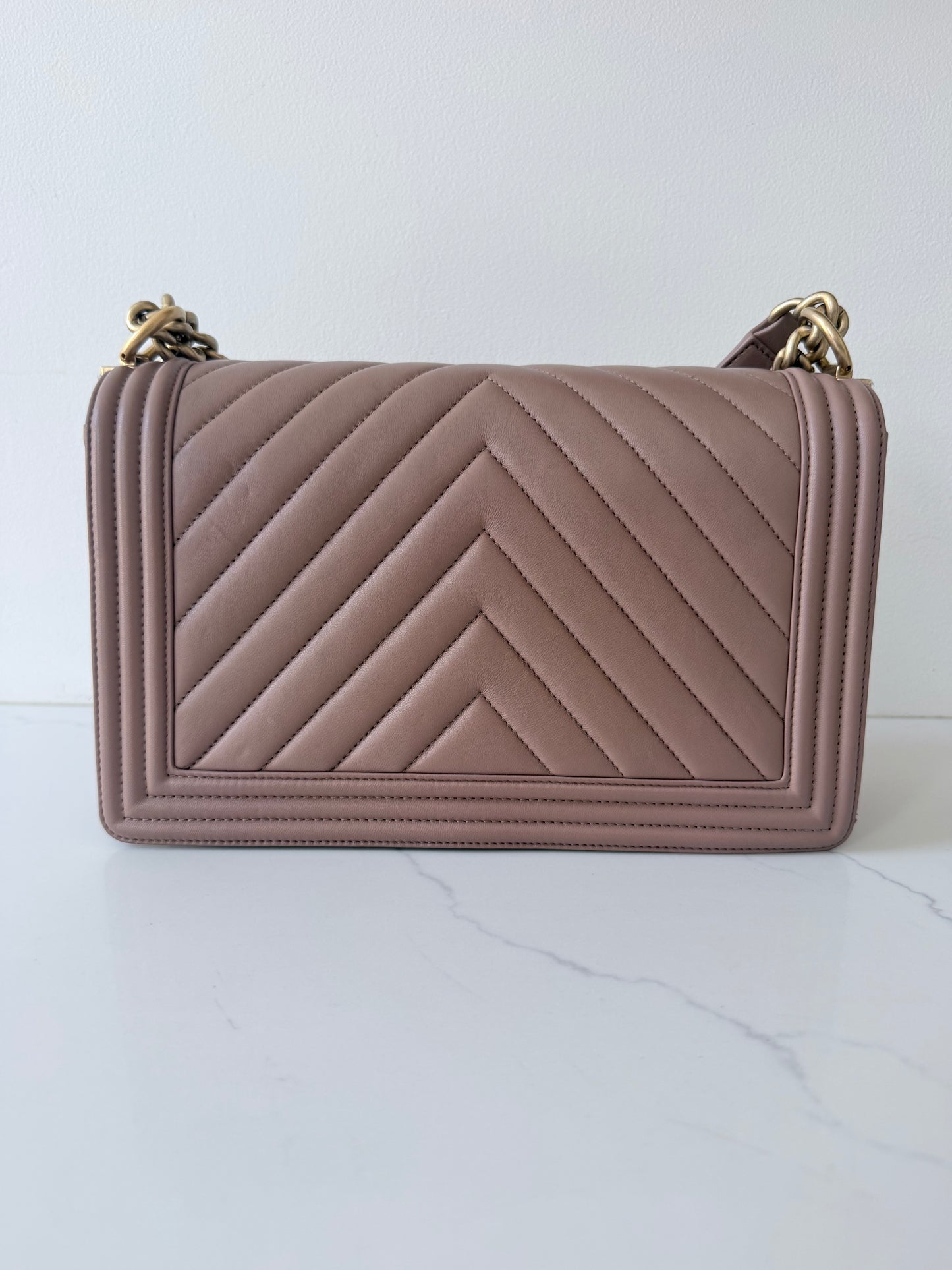 Chanel Lambskin Chevron Quilted New Medium Boy Flap Dark Beige
