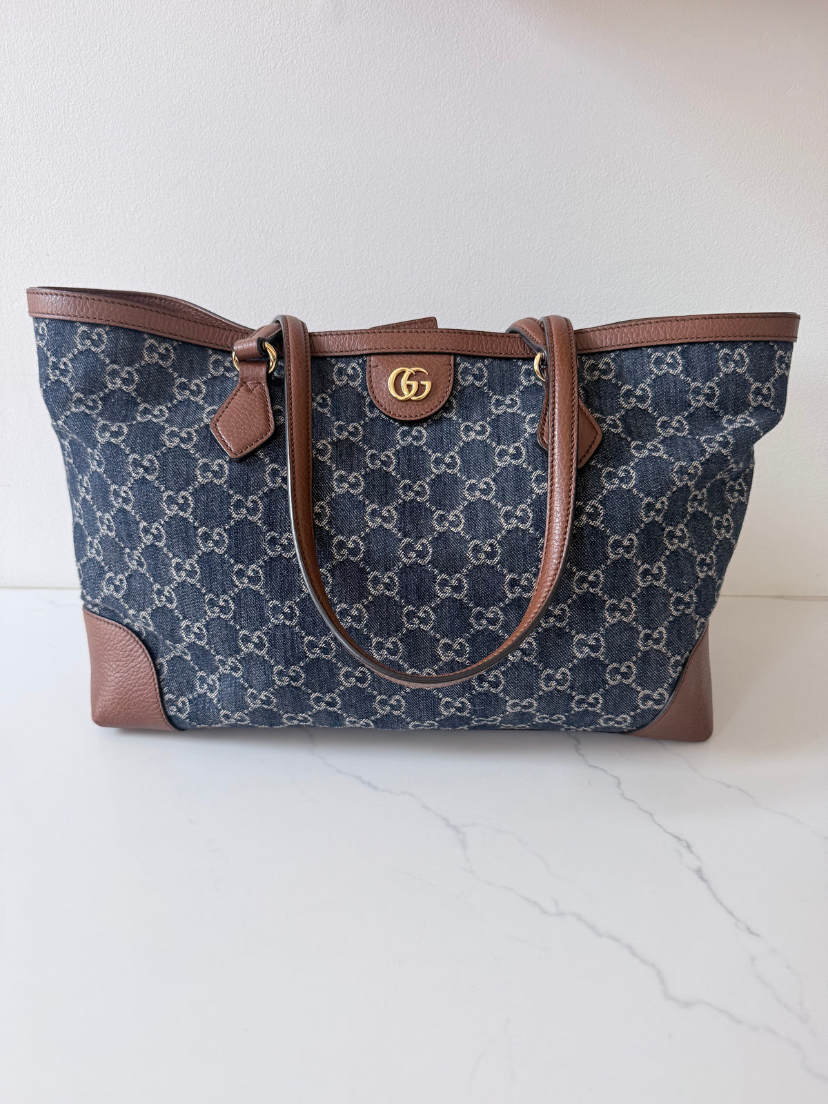 GUCCI New Denim GG Monogram Medium Ophidia Shopping Tote Blue