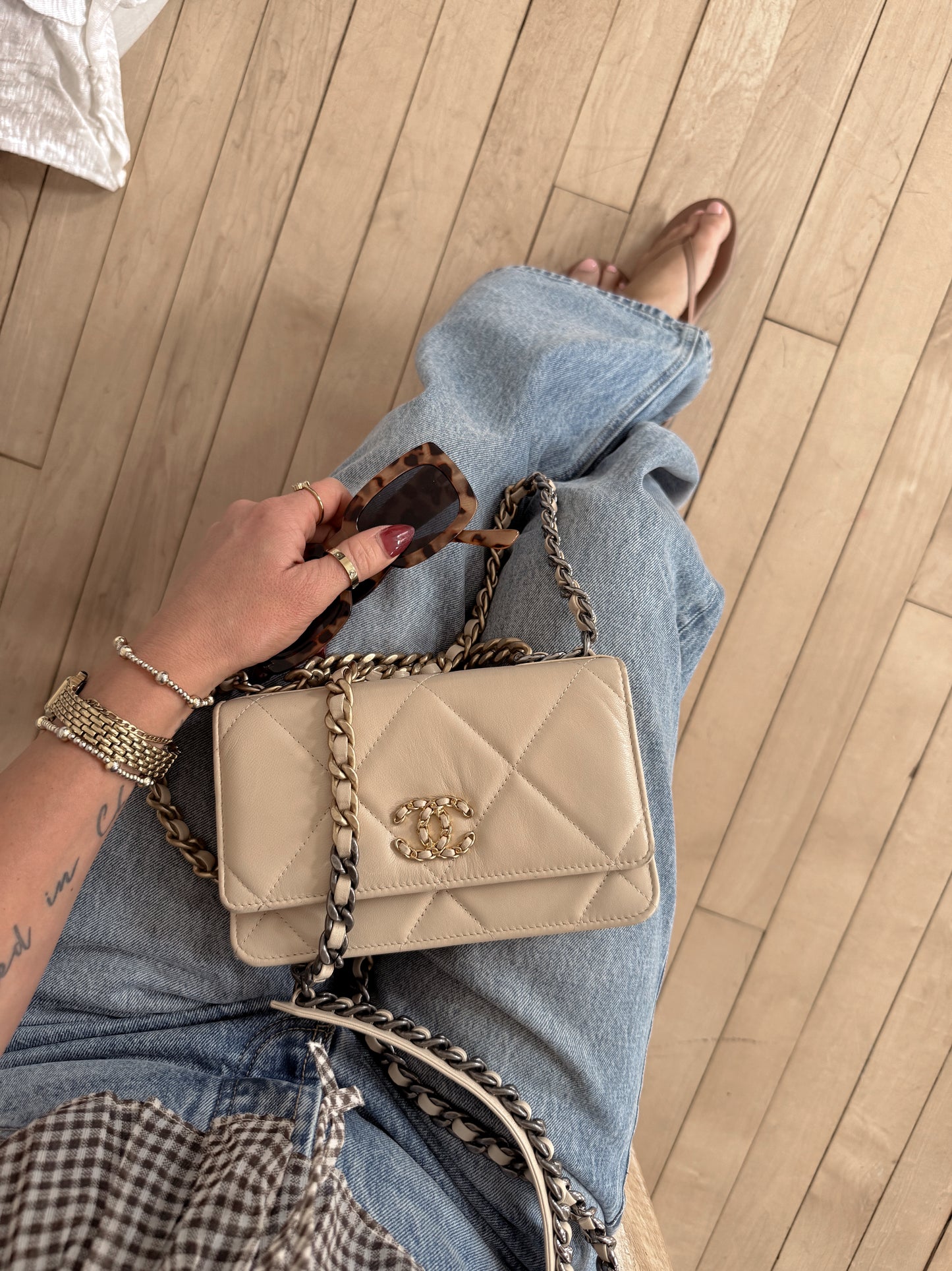 Quilted Chanel 19 Wallet On Chain Light Beige