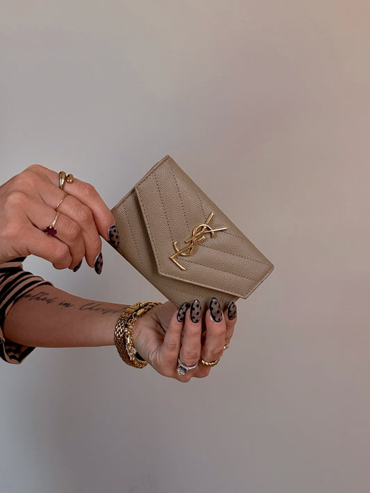 YSL Cassandra Matelasse Small Envelope Wallet Dark Beige