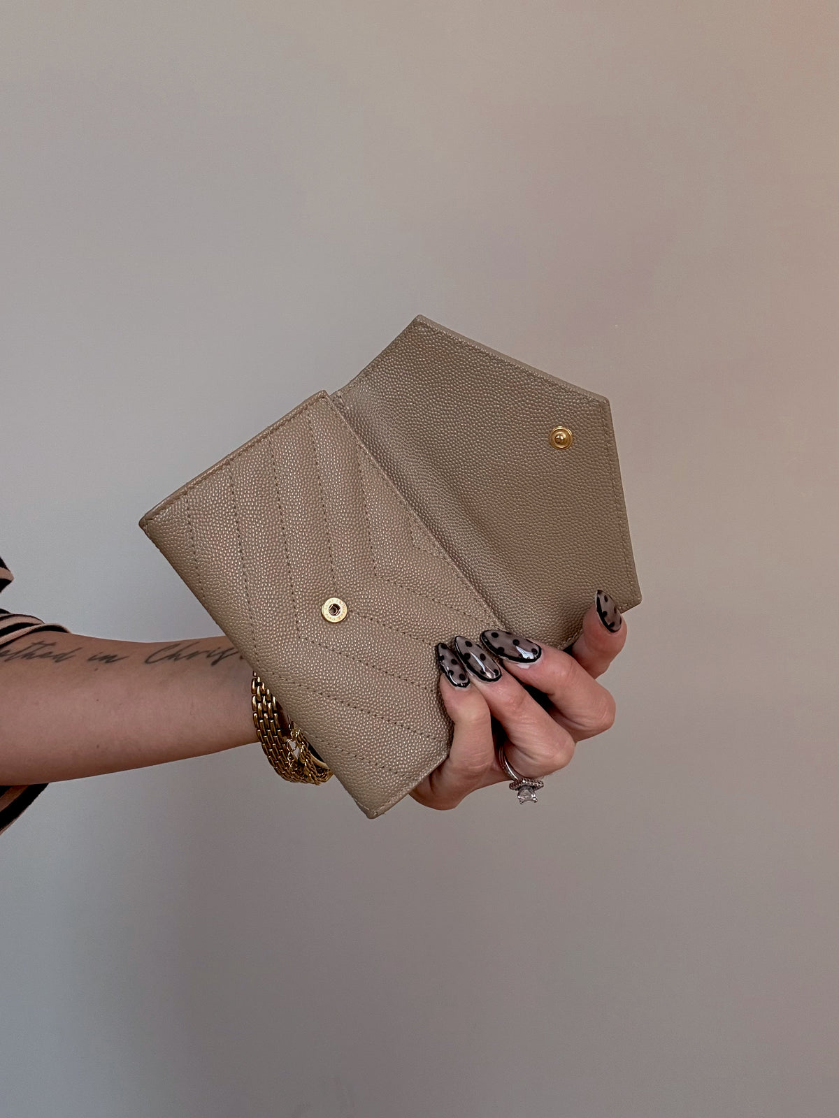 YSL Cassandra Matelasse Small Envelope Wallet Dark Beige